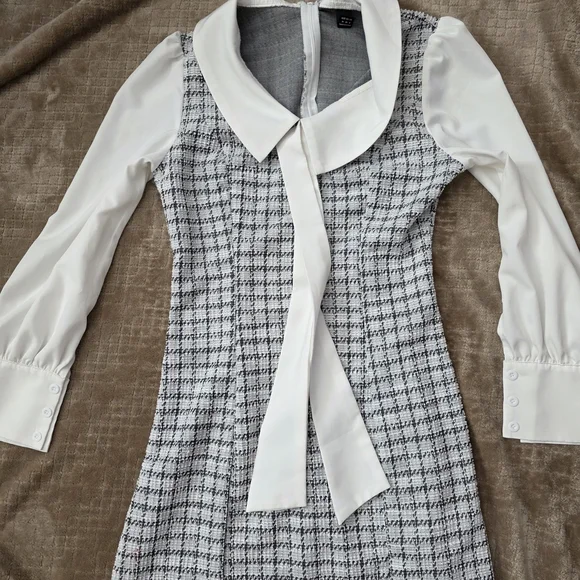Plaid Tweed Dress Bow Front Long Sleeve, Mini Houndstooth, Preppy, Clueless Med - Picture 2 of 10